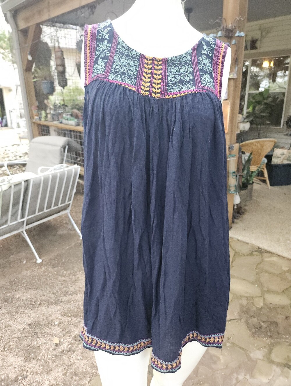 Ivy Jane Navy Cotton Peasant Blouse Sleeveless Embroidered Boho Tunic Blouse M